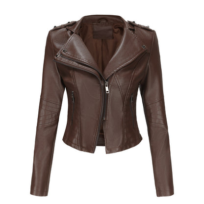 Slim Fit Long Sleeved Spring Autumn Leather Jacket Women Rivet Popular Short Jacket Zipper Leather Jacket