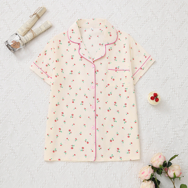 Summer Bubble Wrinkle Pink Floral Cute Cartoon Short Sleeve Shorts Women Thin Homewear Two Piece Sets
