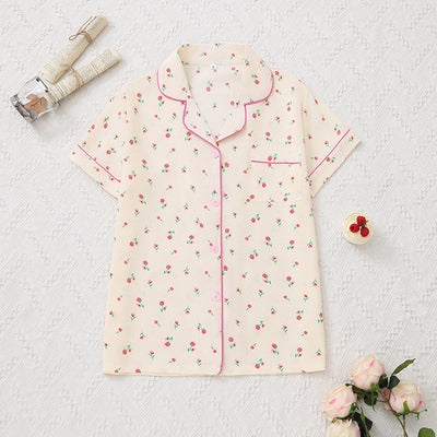 Summer Bubble Wrinkle Pink Floral Cute Cartoon Short Sleeve Shorts Women Thin Homewear Two Piece Sets