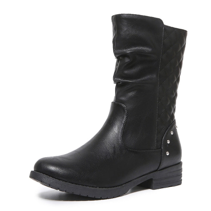 Western Denim Mid-Calf Boots for Women Chain Rivet Chunky Heel Knight Boots - GLAMWEARS