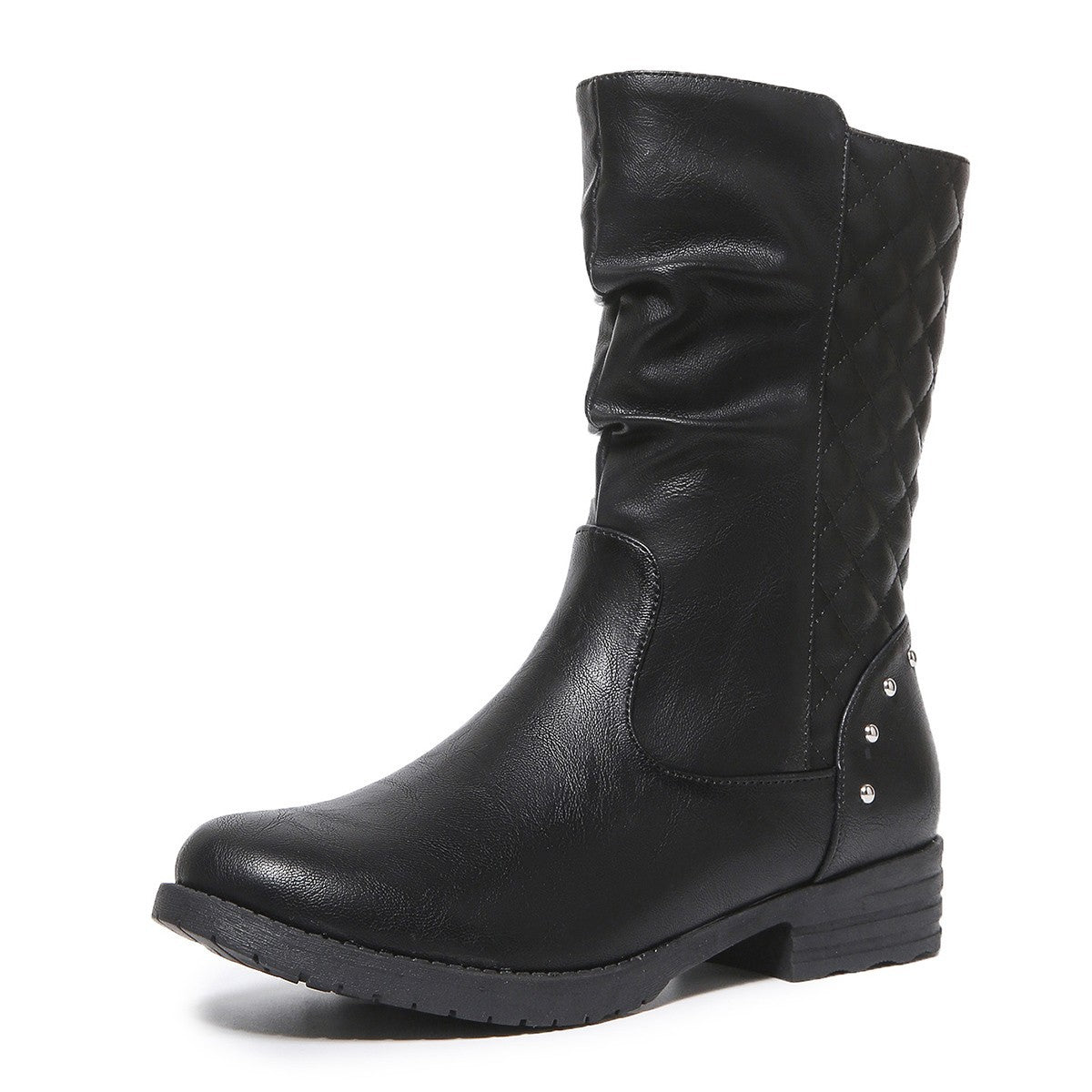 Western Denim Mid-Calf Boots for Women Chain Rivet Chunky Heel Knight Boots