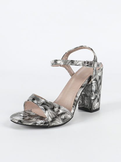 Round Toe High Heel Sandal Slippers Women Summer One Strap Floral Chunky Heel Sandals