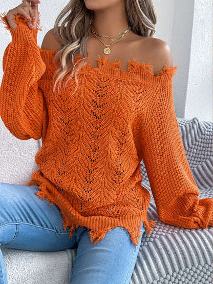 Autumn Winter Solid Color Hollow Out Cutout out Long Sleeve Cut off Shoulder Pullover Sweater Women Clothing