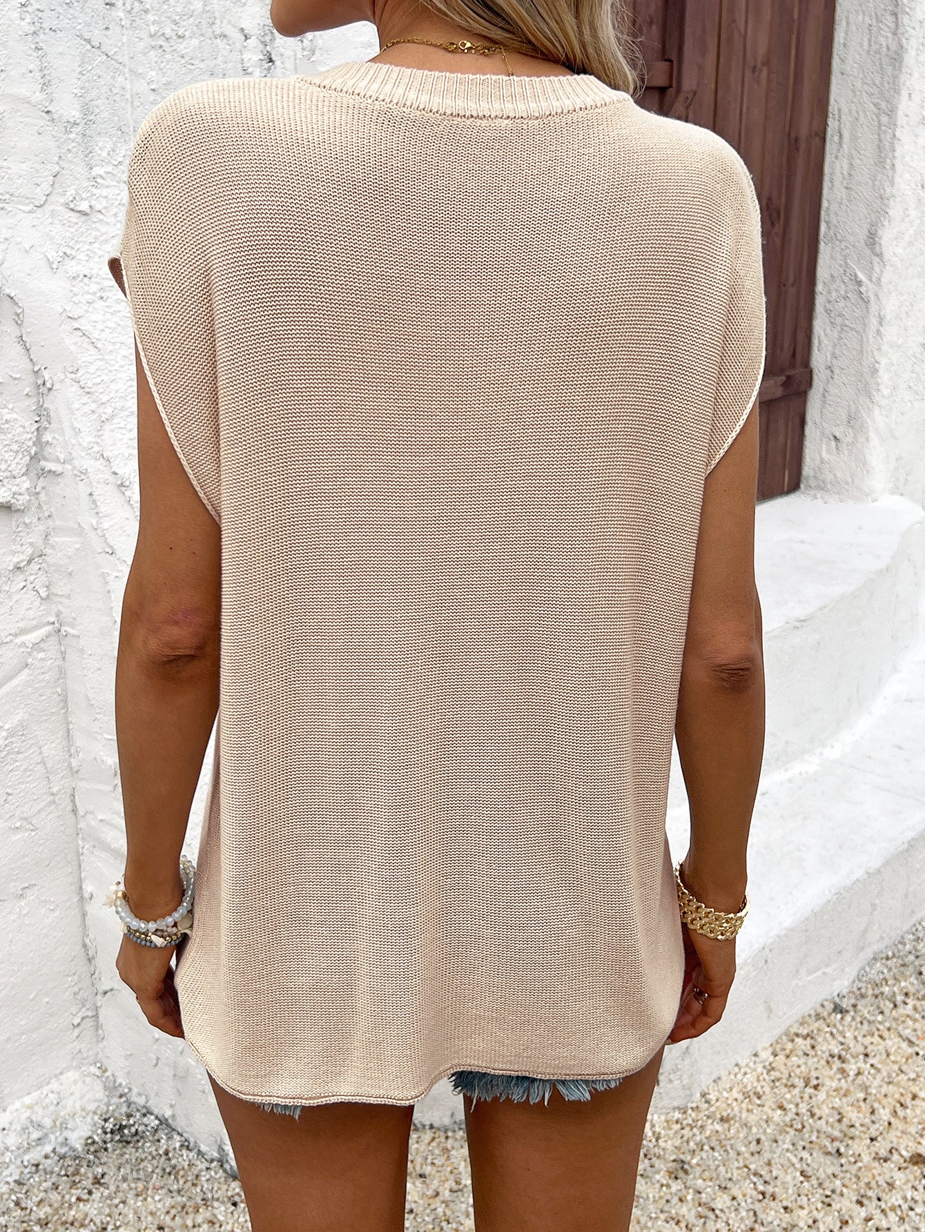 Casual Simple Short Sleeved Solid Color T shirt Woolen Women Clothing Autumn Winter