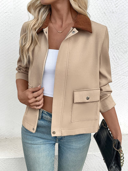 Women Clothing Autumn Winter Collared Jacket Short Contrast Color Coat Women