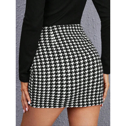 Women Clothing Houndstooth Skirt Elegant Hip High Waist