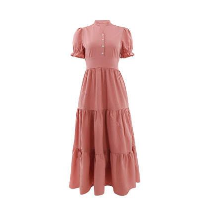 Women Solid Color Casual Short Sleeve V neck Waist Button A line Dress