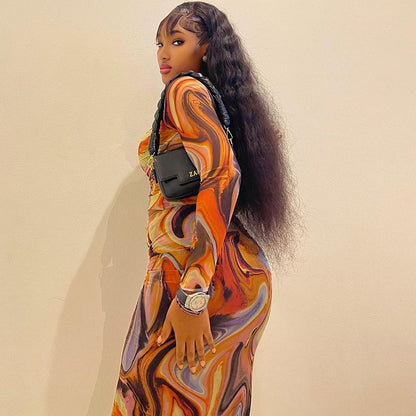 Print round Neck Long Sleeves Cropped Top Sheath Skirt Set Trendy Women