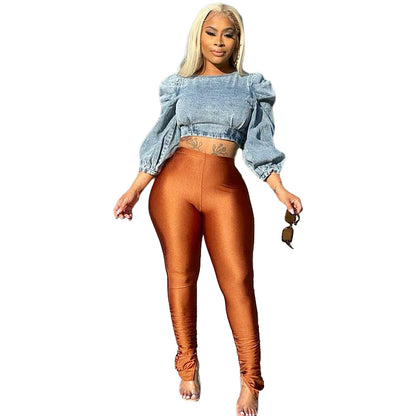 Women Clothing Nightclub Uniforms Reflective Cloth Fold Split High Waisted Trousers