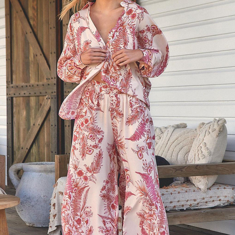 Spring Women Clothing Long Sleeve Printed Shirt Wide Leg Trousers Two Piece Set