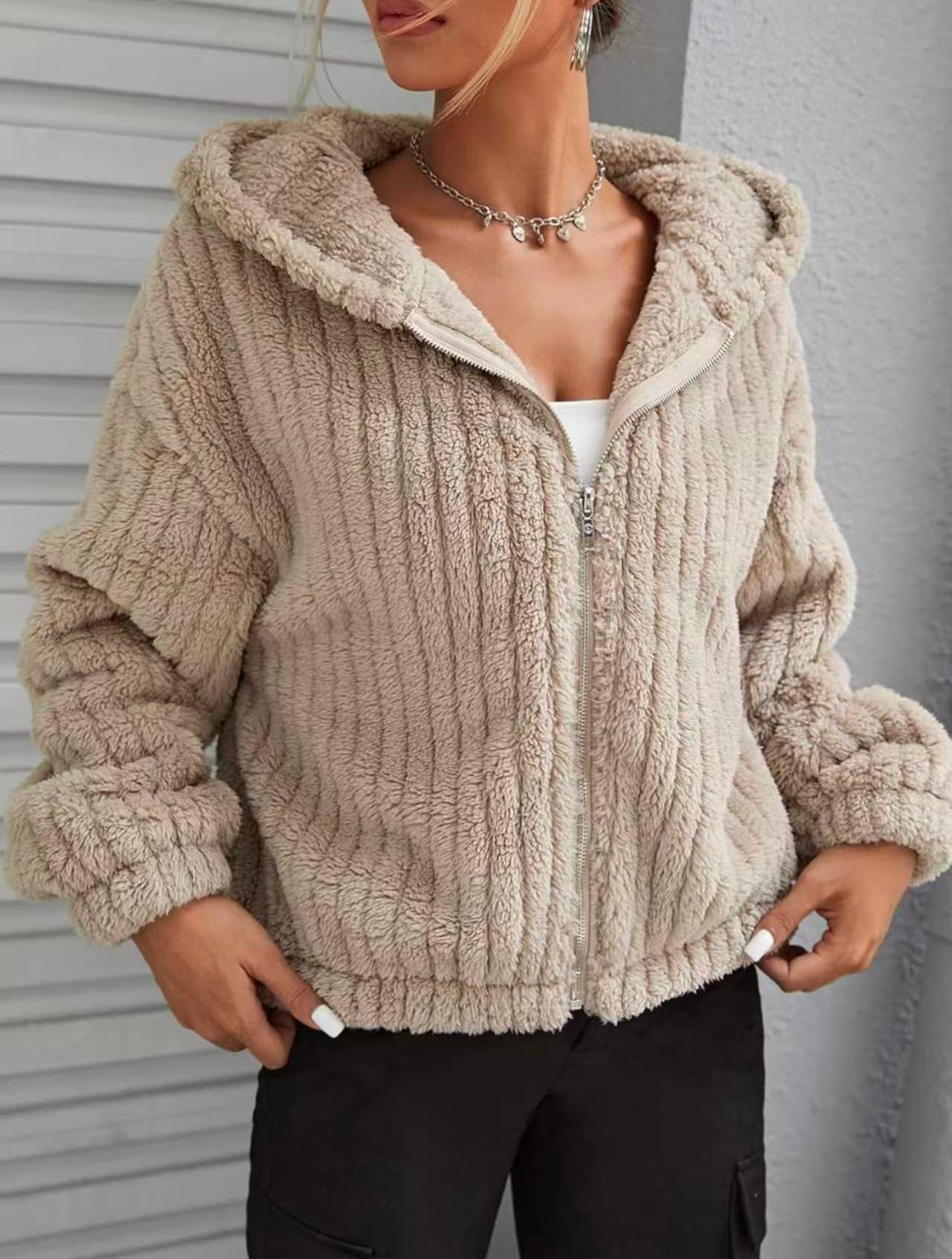 Popular Solid Color Double-Sided Plush Zipper Cardigan Decoration Ears Casual Autumn Winter Plush Coat