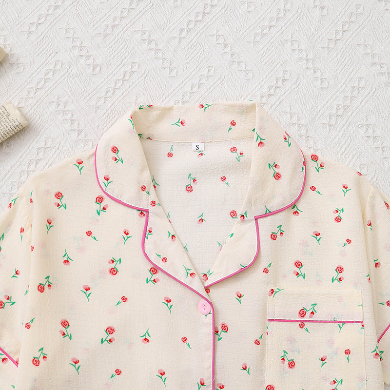 Summer Bubble Wrinkle Pink Floral Cute Cartoon Short Sleeve Shorts Women Thin Homewear Two Piece Sets
