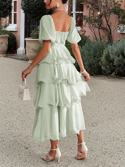 Spring Summer Casual Elegant Tiered Dress Puff Sleeve Stringy Selvedge Dress Women Clothing