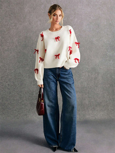 Red Bow Decoration Loose Crew Neck Pullover Sweater Autumn Top