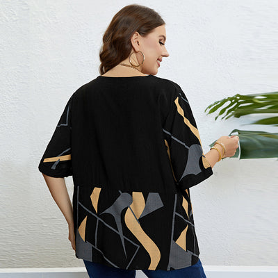 Plus Size Round Neck Art Printed Top Popular Printed Loose Casual