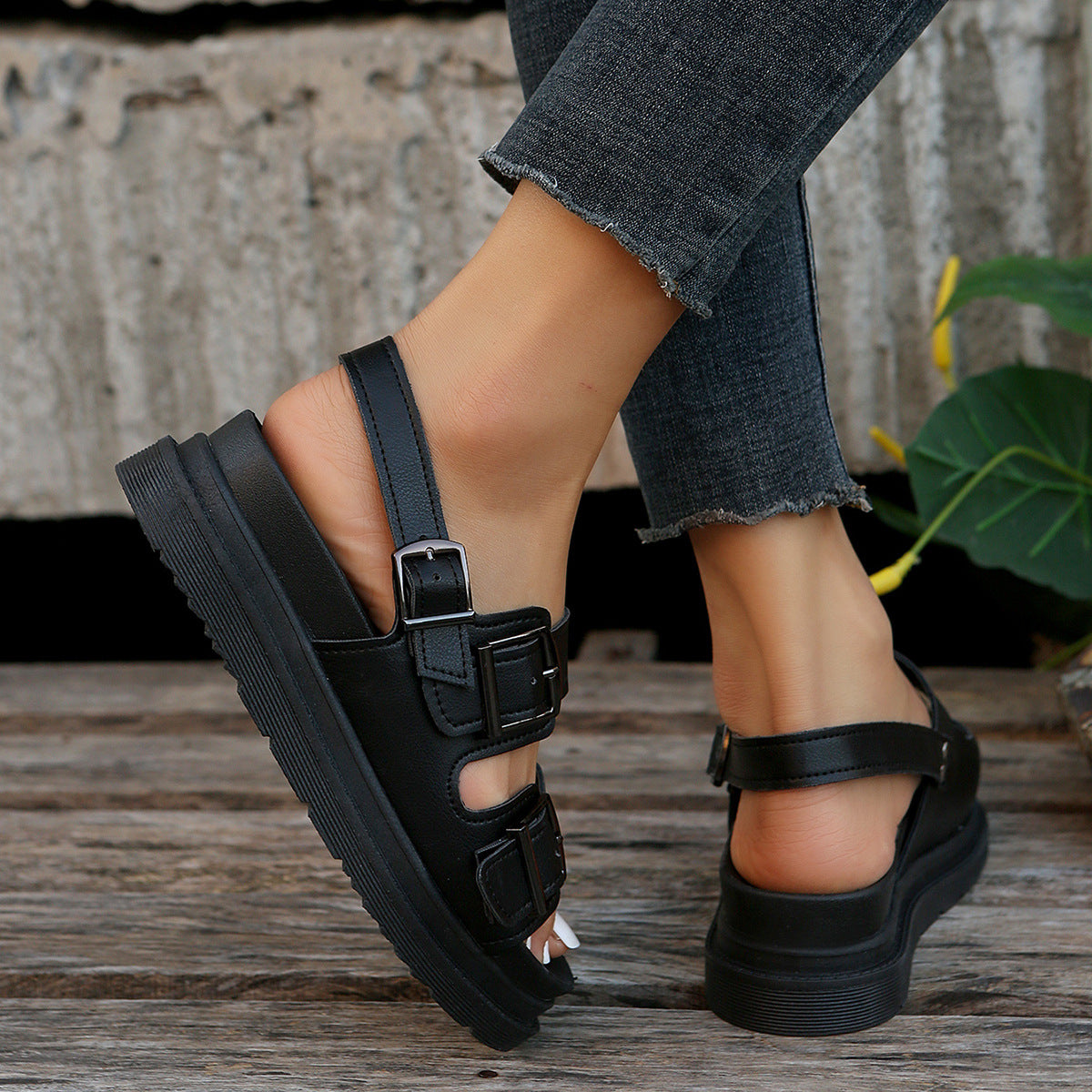 Belt Buckle Platform Hollow Out Cutout Sandals Women Solid Color Strap Buckle Beach Shoes Sandals