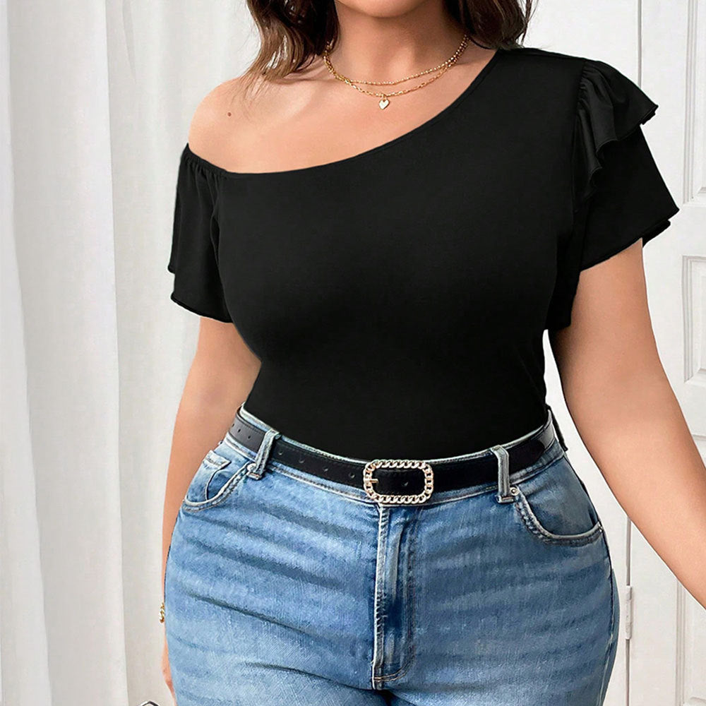 Plus Size Women Clothing Summer All Match Office Ruffled Diagonal Collar Loose Fitting T shirt Top