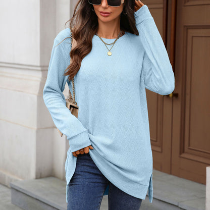 Autumn Winter round Neck Geometric Abstract Jacquard Loose Fitting Long Sleeved T shirt Top Women