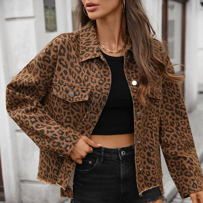 Women Clothing Loose Street Personality Leopard Print Denim Short Coat