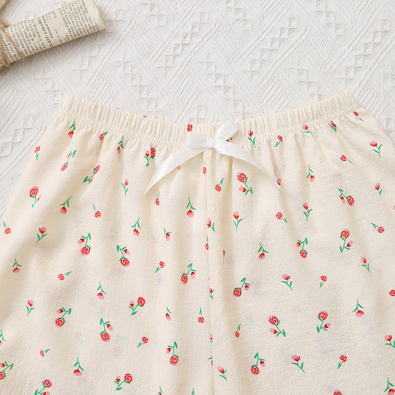Summer Bubble Wrinkle Pink Floral Cute Cartoon Short Sleeve Shorts Women Thin Homewear Two Piece Sets