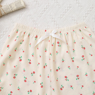 Summer Bubble Wrinkle Pink Floral Cute Cartoon Short Sleeve Shorts Women Thin Homewear Two Piece Sets