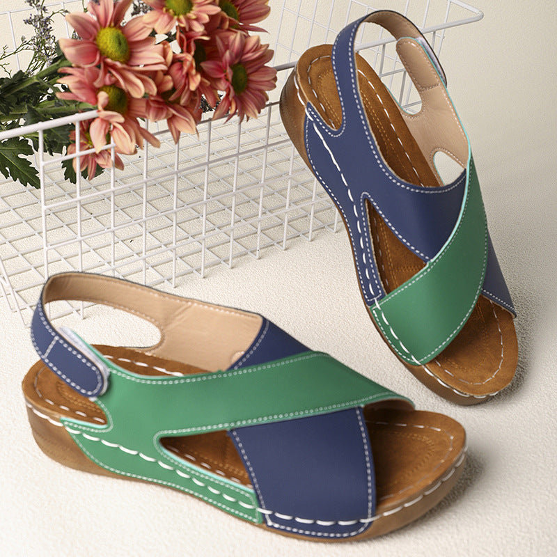 Platform Cross Wedge Sandals Women Outer Wear Contrast Color Breathable Velcro Beach Slippers - GLAMWEARS