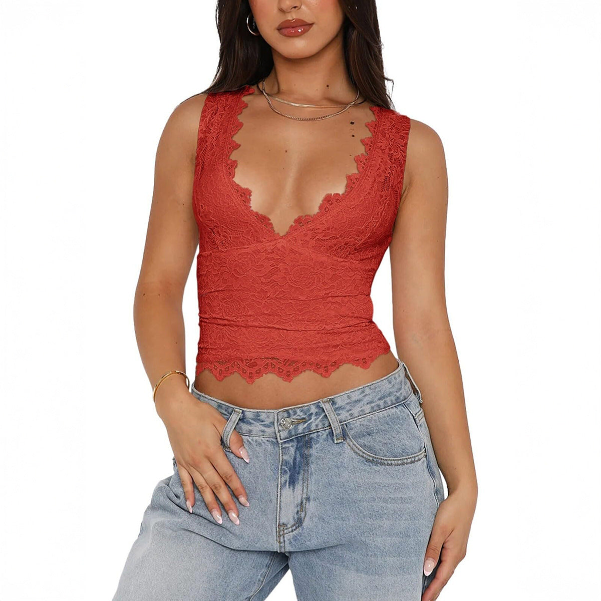 Red Sexy Lace Edge T shirt Vest Women Clothing Summer