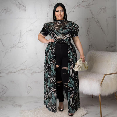 plus Size Women Nightclub Uniforms Oversleeves Mesh Hollow Out Cutout Dress Top