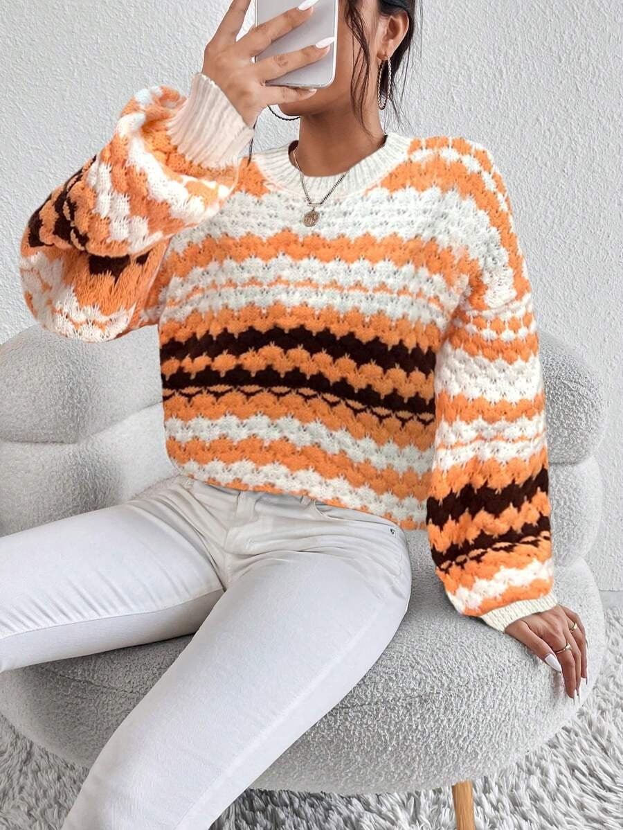 Autumn Winter Office Striped Pullover Loose Outer Wear Idle Knitted Sweater for Women