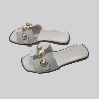 Pearl Flat Slippers Women Lightweight Low Heel Outerwear Beach Slippers Supply