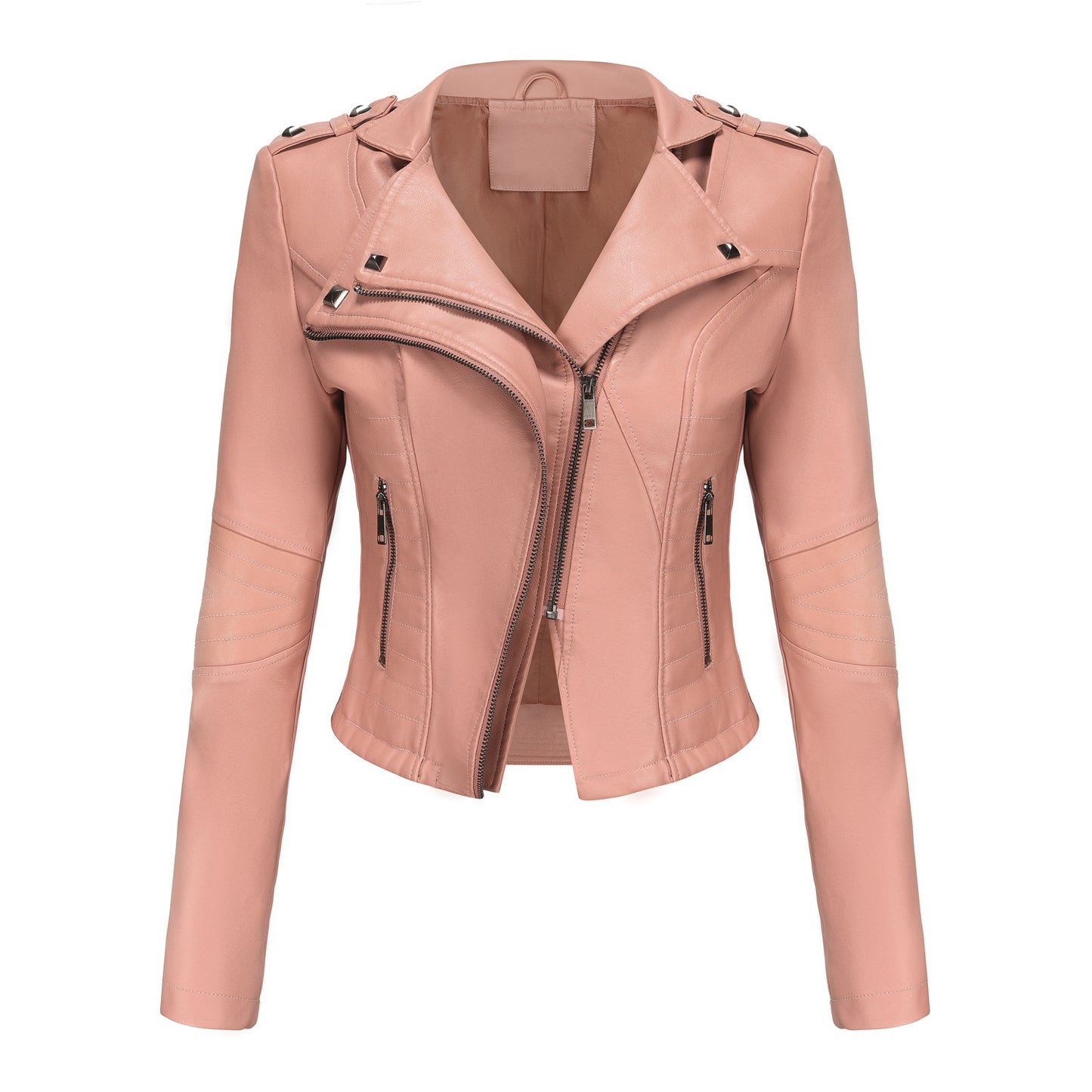 Slim Fit Long Sleeved Spring Autumn Leather Jacket Women Rivet Popular Short Jacket Zipper Leather Jacket