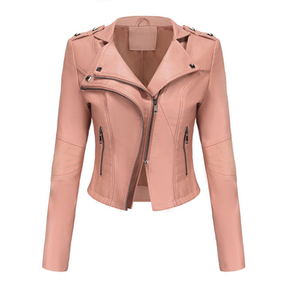 Slim Fit Long Sleeved Spring Autumn Leather Jacket Women Rivet Popular Short Jacket Zipper Leather Jacket