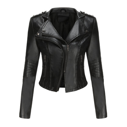 Slim Fit Long Sleeved Spring Autumn Leather Jacket Women Rivet Popular Short Jacket Zipper Leather Jacket