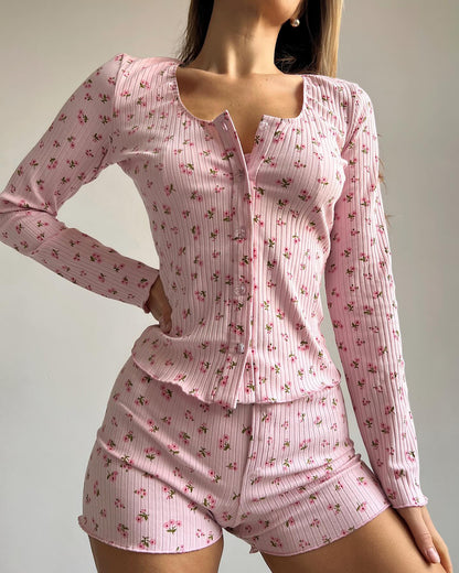Summer Home Pajamas Knitted Printed Long Sleeve Shorts Three Piece Set Can Be Worn outside