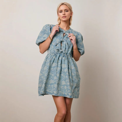 Elegant Sweet Denim Blue Puff Sleeve Design Blue Floral Drawstring Women Denim One Piece Dress Denim Dress