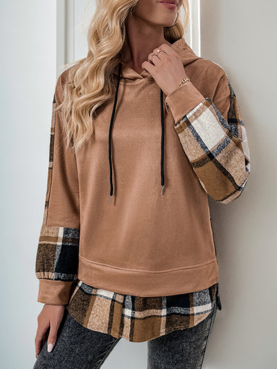 Casual Retro Long Sleeve Plaid Stitching British Velvet Faux Two Piece Hooded Sweater