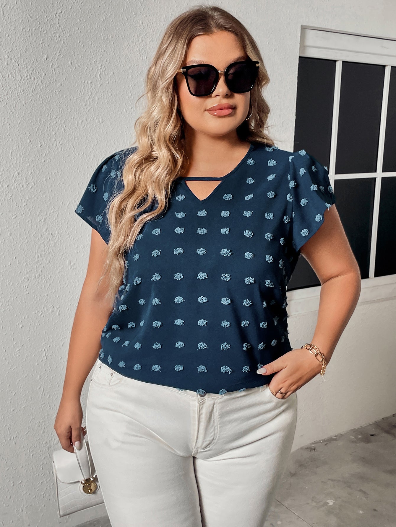 Plus Size Women Blouse Peacock Blue Half Sleeved Loose Top