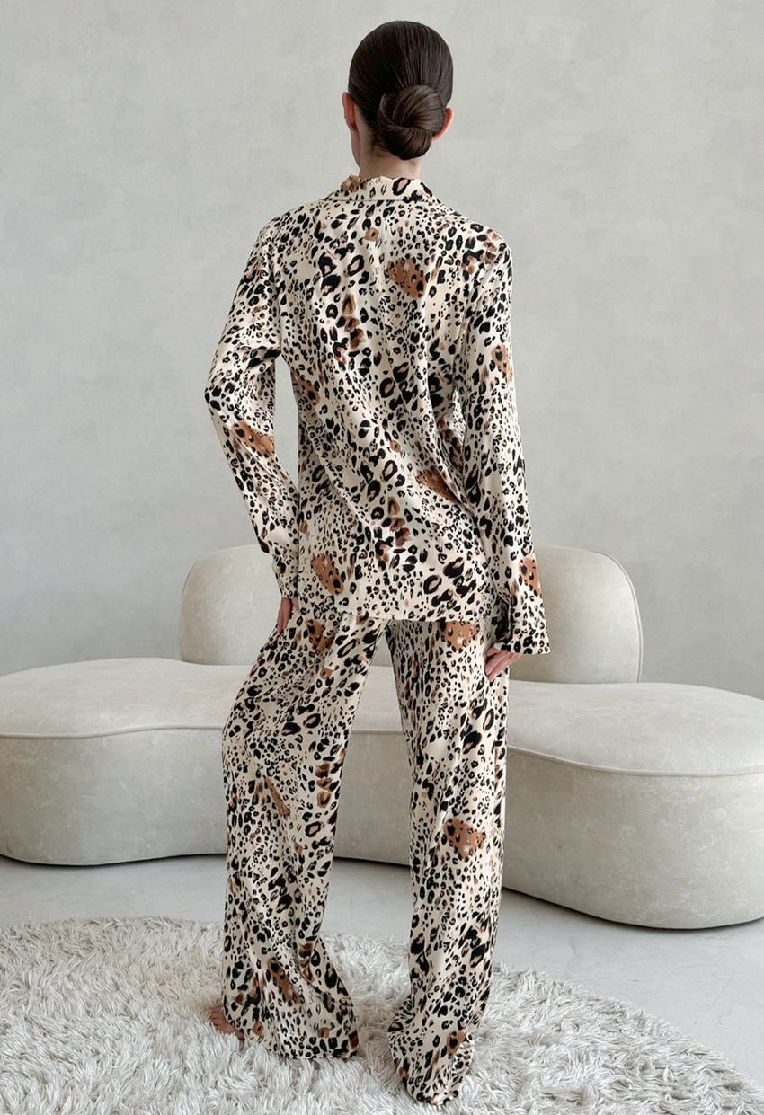 Spring Leopard Print Cardigan Pajamas Women Long Sleeved Trousers Home Wear