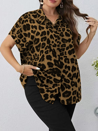 Oversized Short Sleeve Shirt Loose Casual All Matching Leopard Print Digital Printed Beach Vacation Top