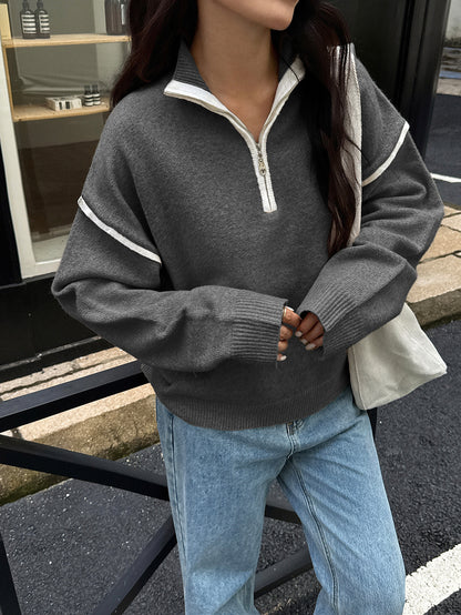 Casual Simple Solid Color Long Sleeve Zipper Sweaters Women Clothing Autumn Winter