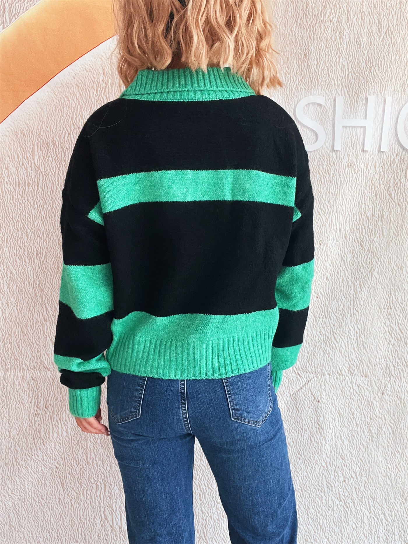 Autumn Winter Contrast Color Striped Knitted Sweater Collared Office Long Sleeve Women Pullover