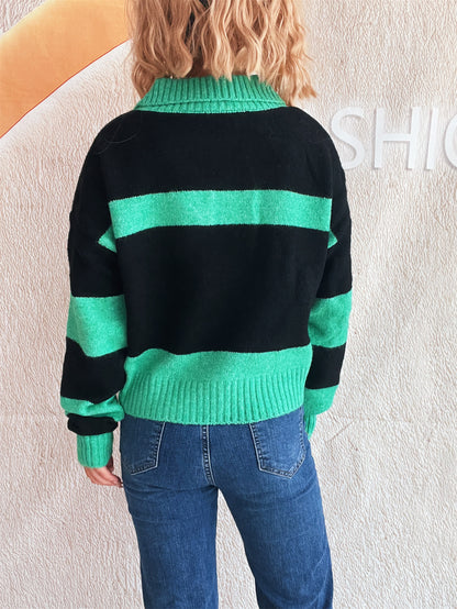 Autumn Winter Contrast Color Striped Knitted Sweater Collared Office Long Sleeve Women Pullover