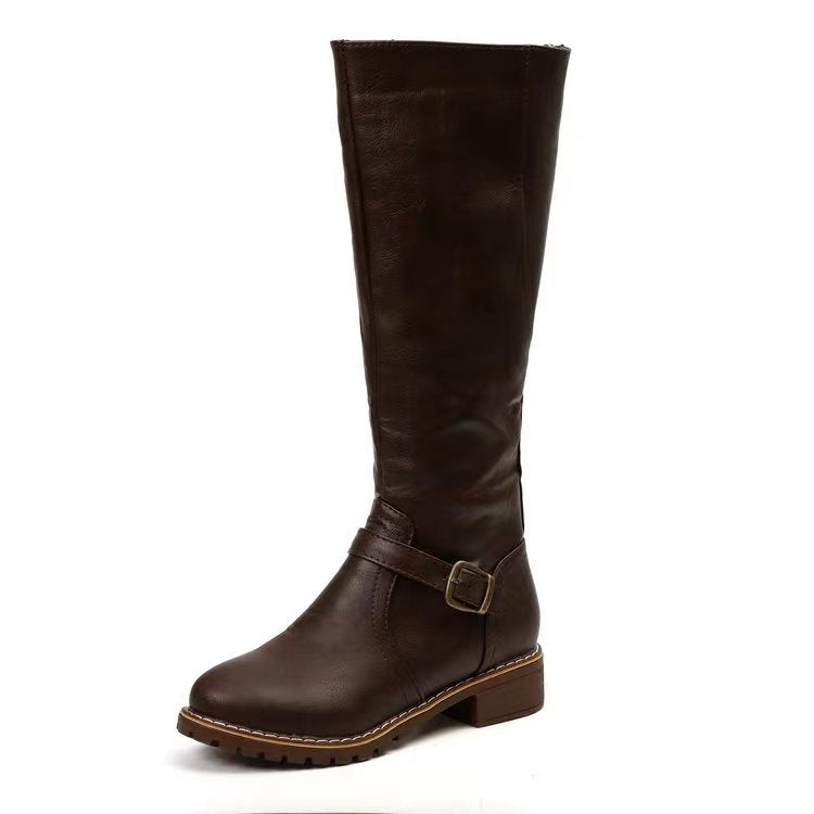 Thick Heel Long Tube Motorcycle Boots Women Side Zipper High Top Low Heel Knight Leather Boots
