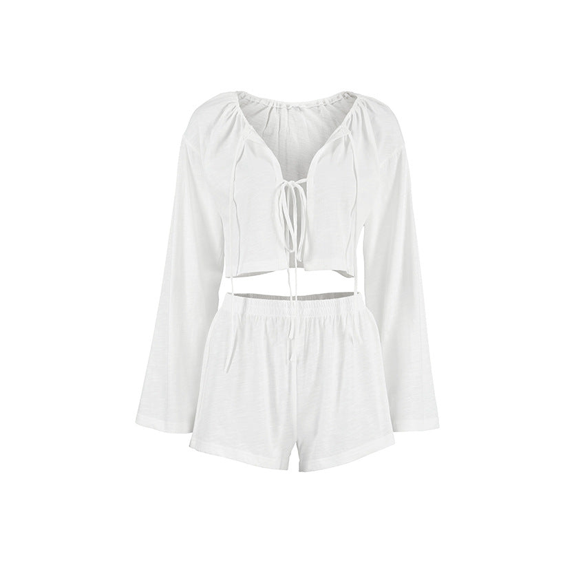 Spring White Pure Cotton Cardigan Lace up Ladies Homewear Casual Long Sleeve Shorts Pajamas Two Piece Set