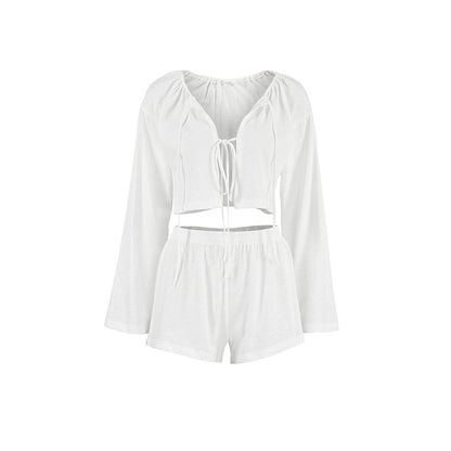 Spring White Pure Cotton Cardigan Lace up Ladies Homewear Casual Long Sleeve Shorts Pajamas Two Piece Set