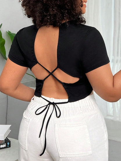 Plus Size Women Clothes Slim Fit Sexy T shirt Spring Summer Backless Solid Color Top