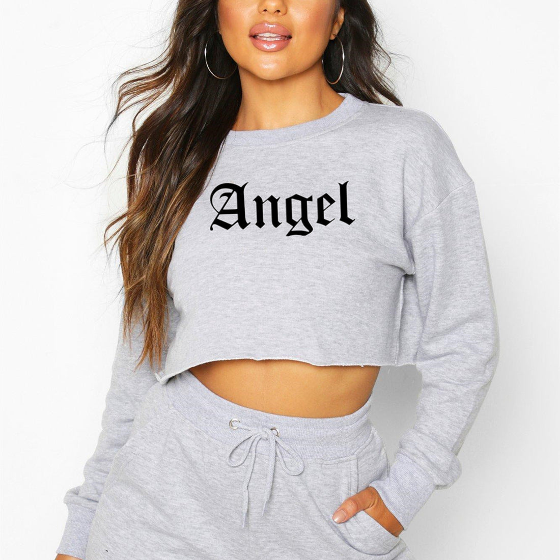 Women Clothing Autumn Winter Angel Letter Graphic Printed Short Long Sleeved Sweatshirt for Women