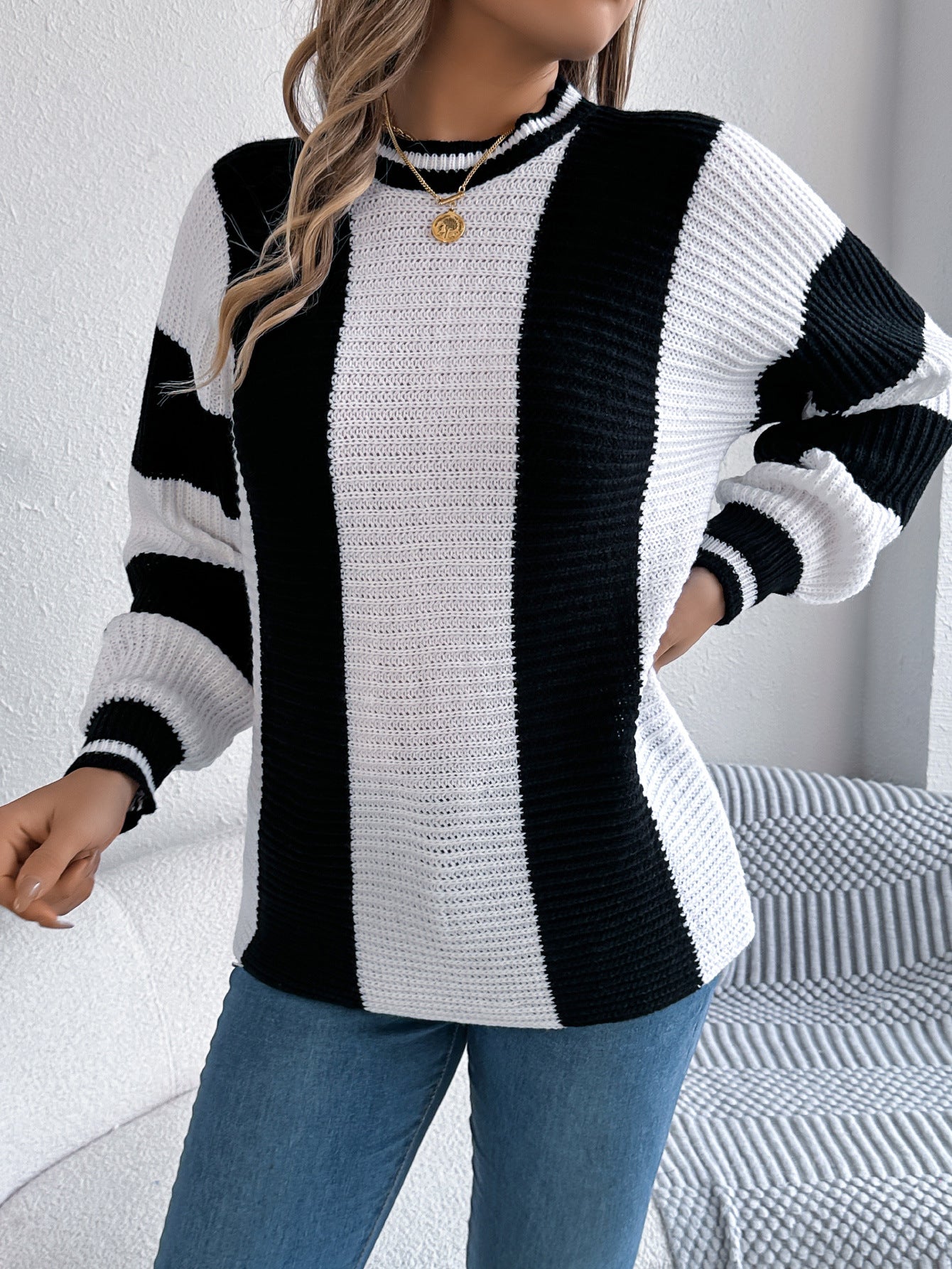 Autumn Winter Casual Contrast Color Striped Lantern Long Sleeve Pullover Women Clothing