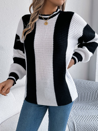 Autumn Winter Casual Contrast Color Striped Lantern Long Sleeve Pullover Women Clothing