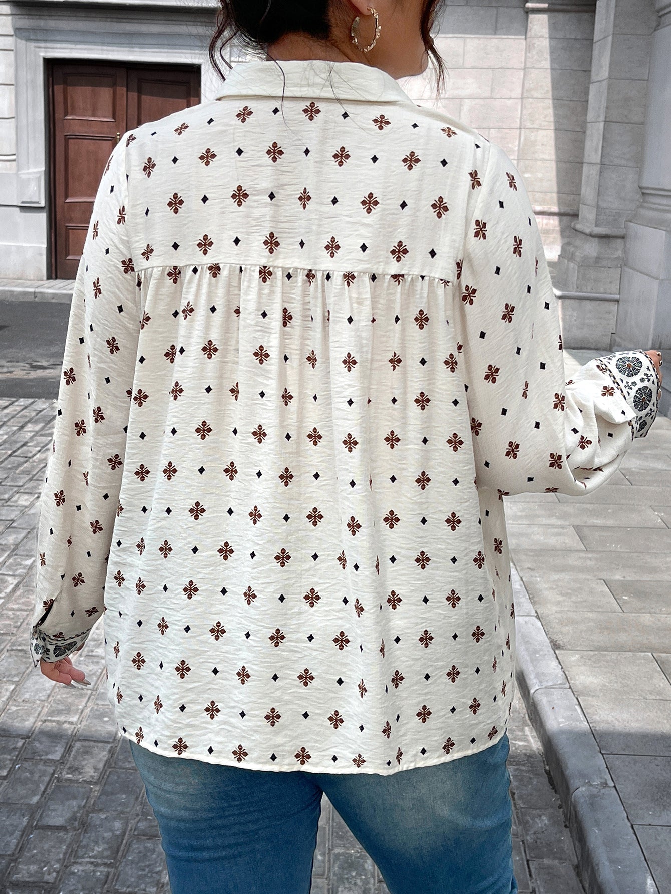 Women Shirt Top Beige Printing Hollow Out Cutout Design Polo Collar Casual Top